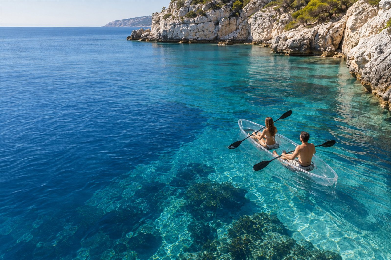 Dos personas recorren una cala mediterránea en un kayak transparente