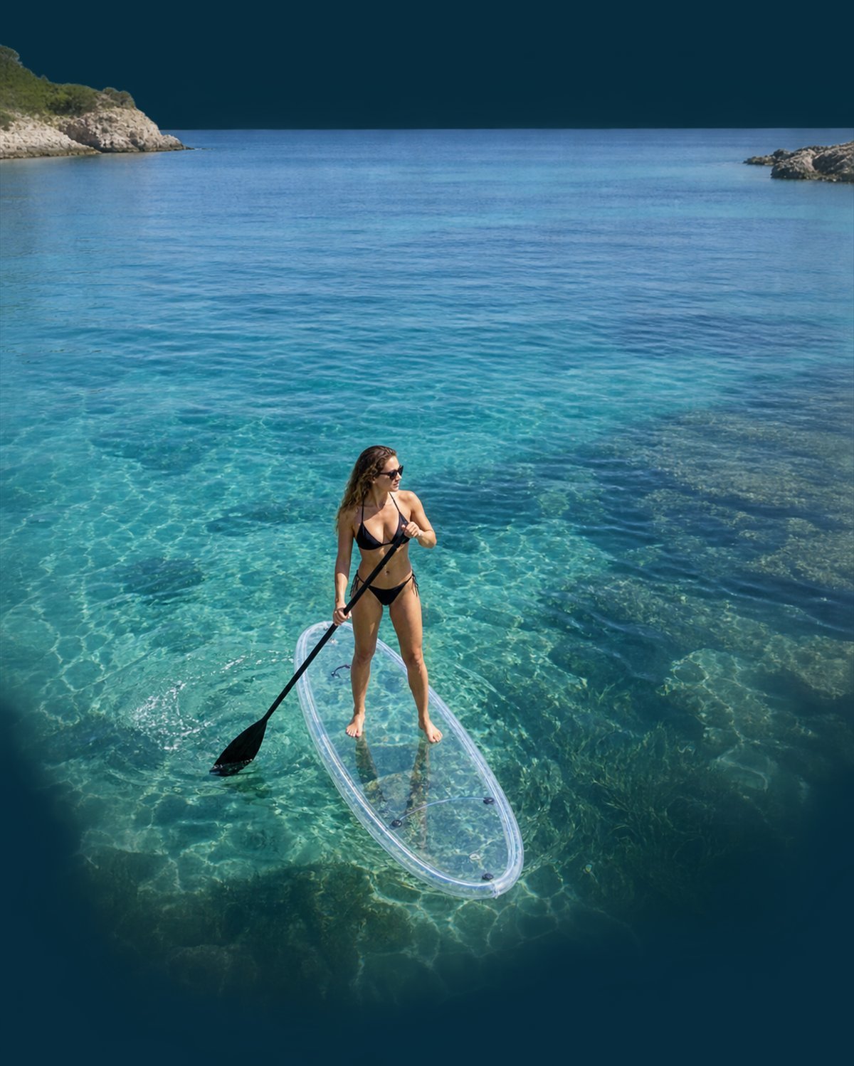 Persona navegando sobre un paddle surf transparente